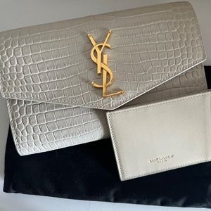 Saint Laurent Uptown Chain Wallet In Crocodile Embossed Shiny Leather